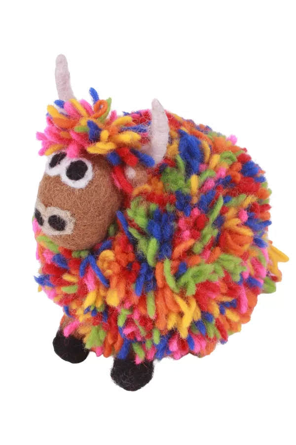 Pachamama Archie Highland Cow plush toy with colorful yarn blanket and embroidered features.