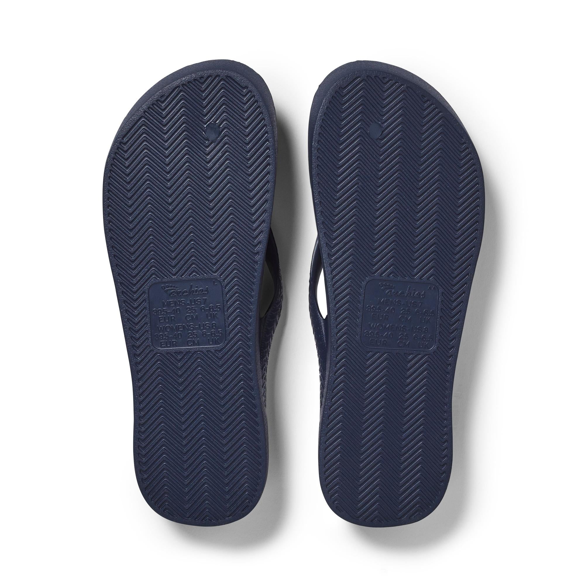 Men's and women's navy waterproof slip-on sandals with arch support and textured rubber soles.