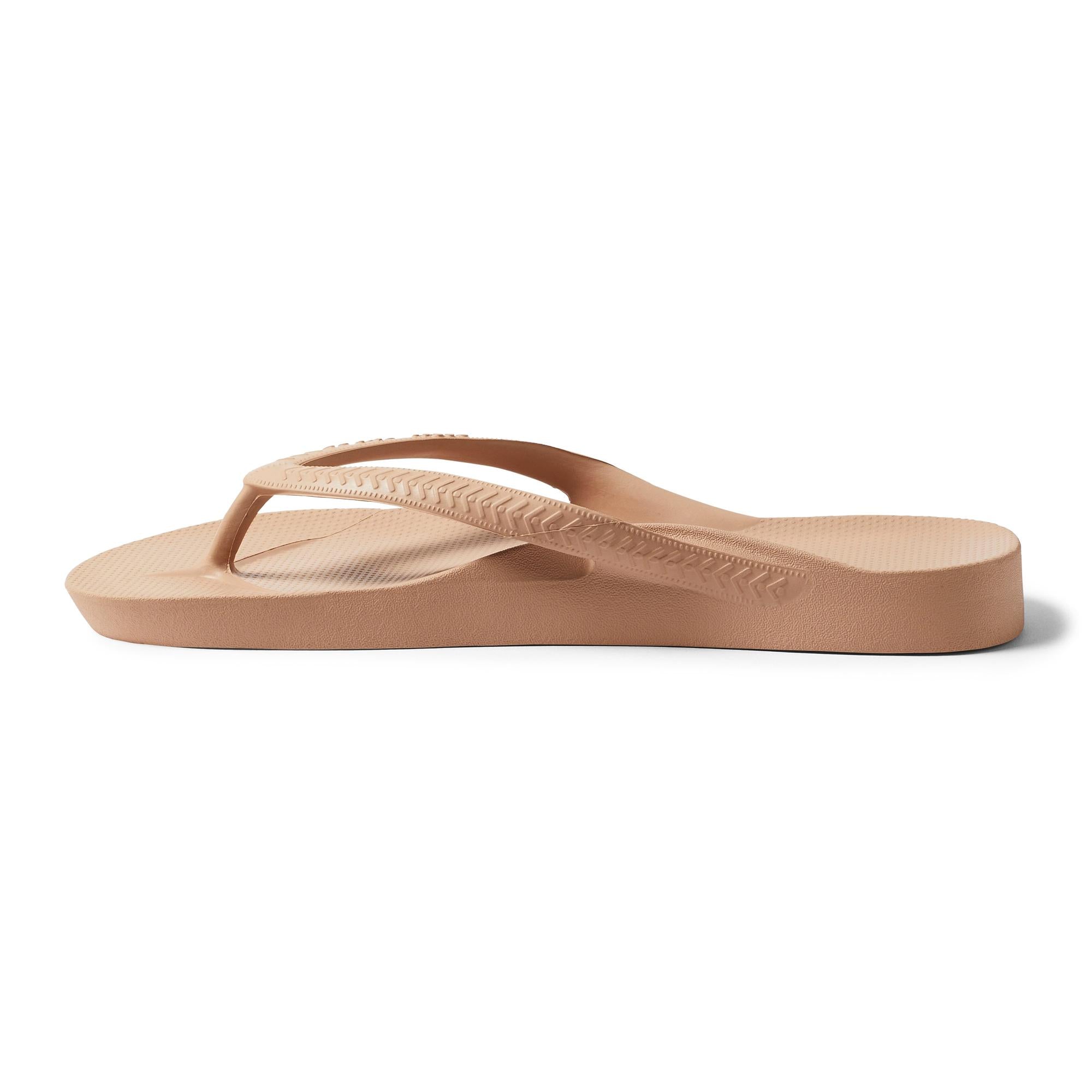 Unisex tan waterproof flip-flop sandal with arch support, slip-on design, by Archies Fit Flops.