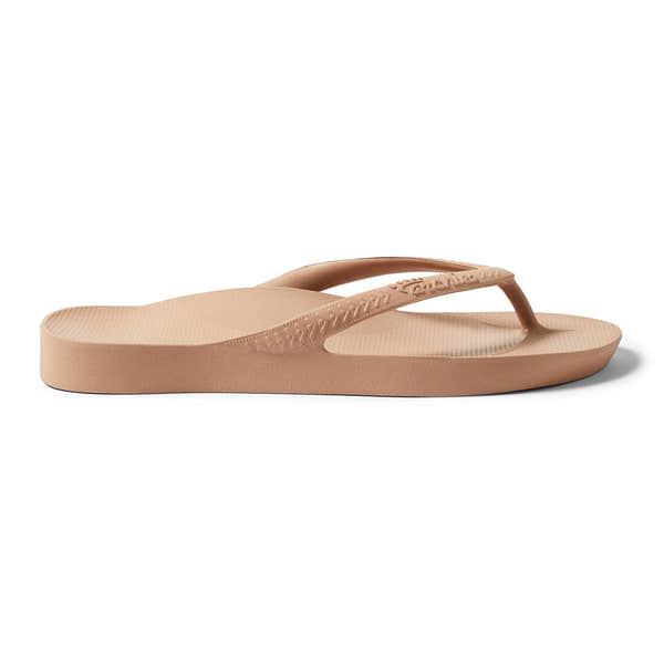 Archies Fit Flops Classic unisex tan waterproof flip-flops with arch support and slip-on design.