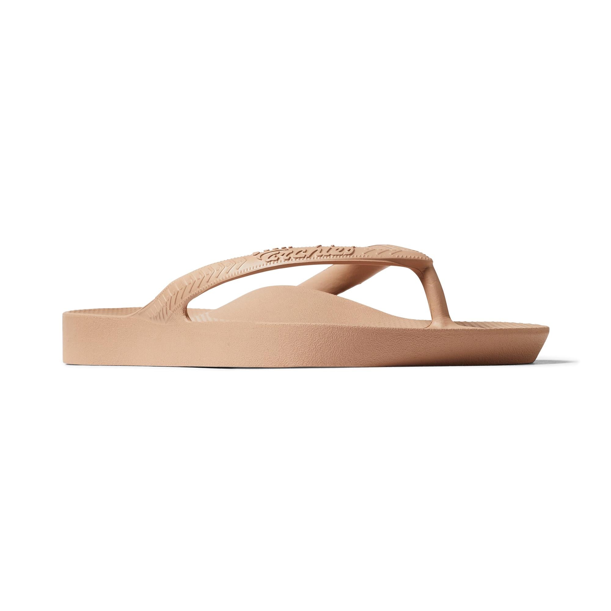 Archies Fit Flops classic unisex tan waterproof slip-on sandals with arch support and comfort.