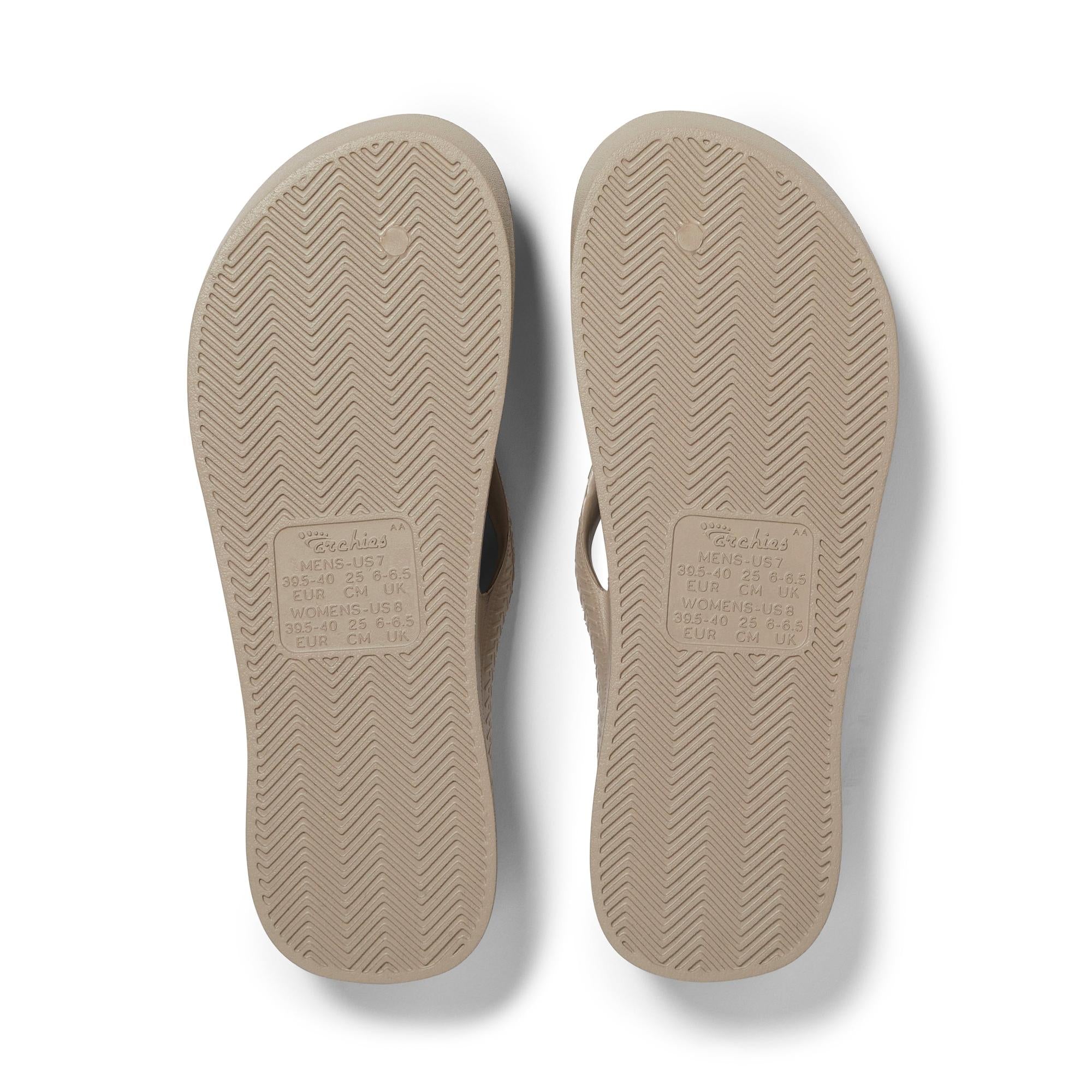 Archies Fit Flops Classic unisex taupe waterproof slip-on sandals with arch support and textured outsole.