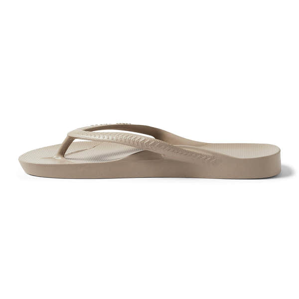 Archies Arch Support Fit Flops men's and women's taupe waterproof slip-on sandals with arch support and textured straps.