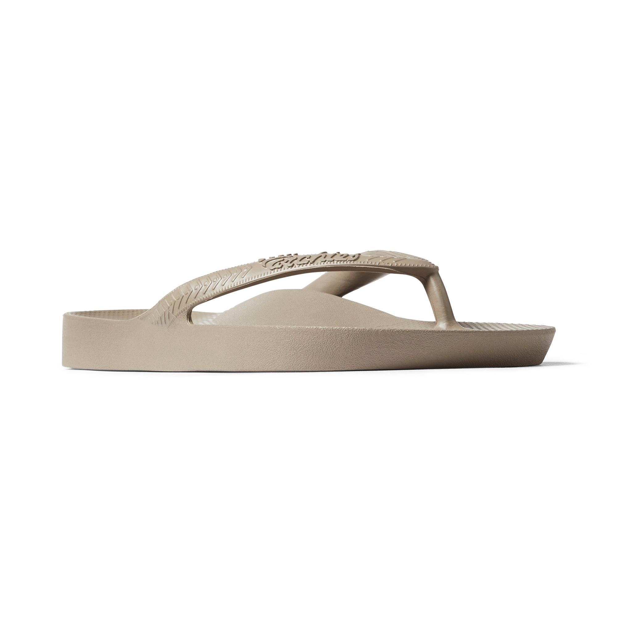 Archies Fit Flops Classic Unisex Taupe Waterproof Flip-Flops with arch support and slip-on design.