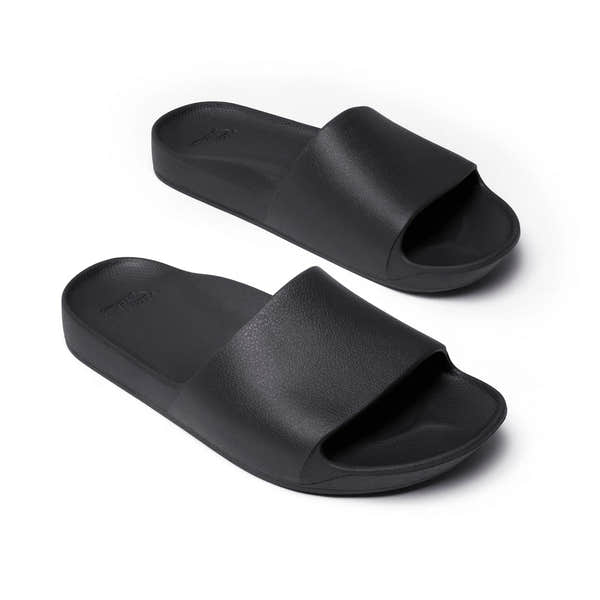 Black waterproof unisex arch support slide sandals with textured strap and cushioned footbed.