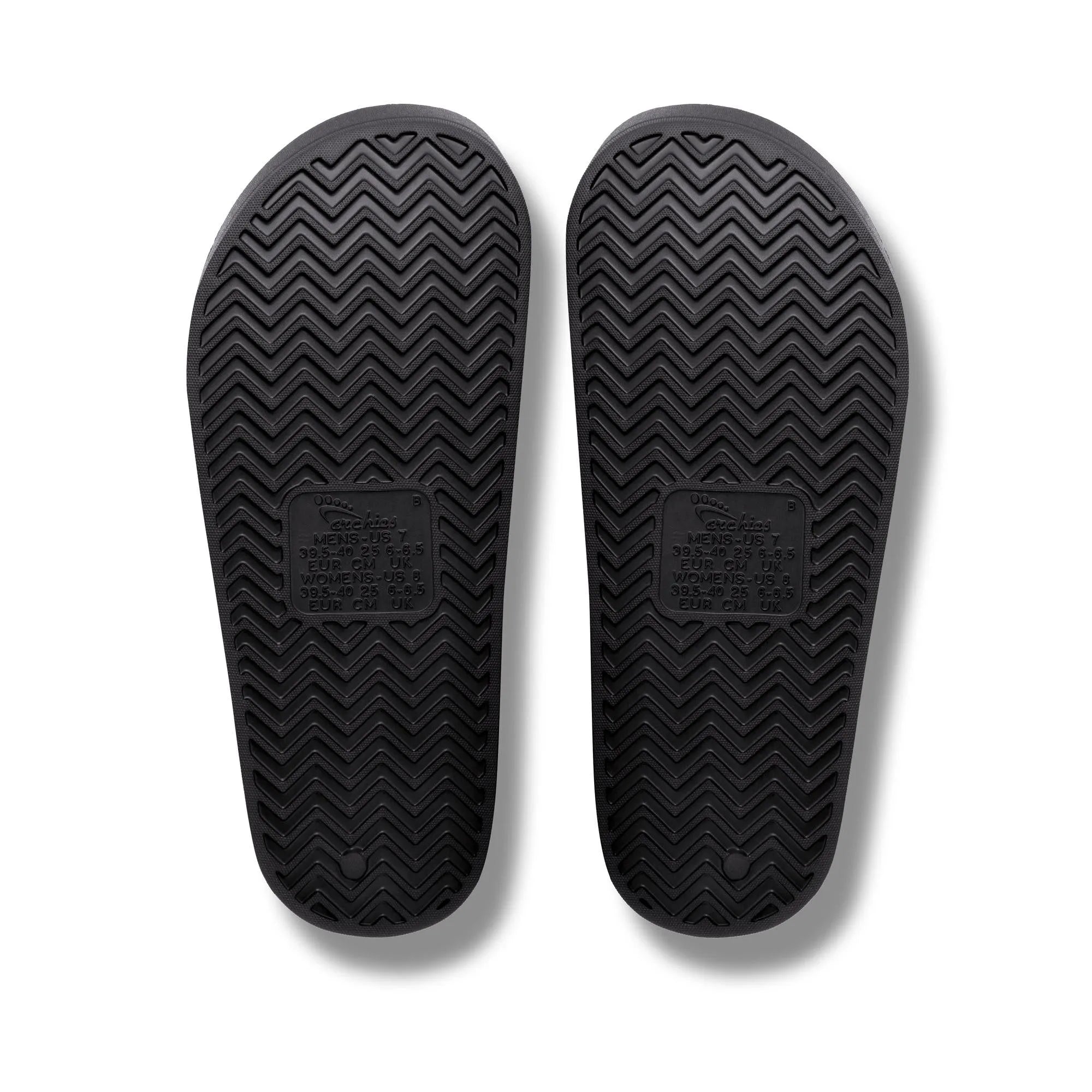 Black waterproof unisex Archies arch support slide sandals with textured soles and cushioning.