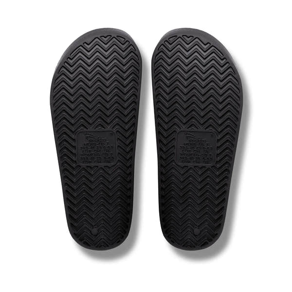 Black waterproof unisex Archies arch support slide sandals with textured soles and cushioning.