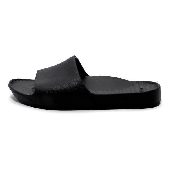 Black waterproof unisex arch support slide sandal with textured footbed and wide strap.
