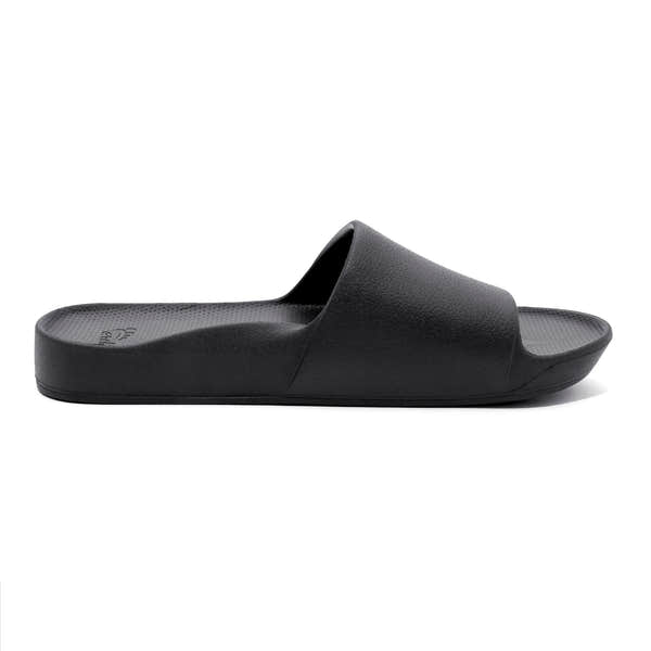 Unisex black waterproof Archies arch support slide sandal with textured strap and cushioned footbed.