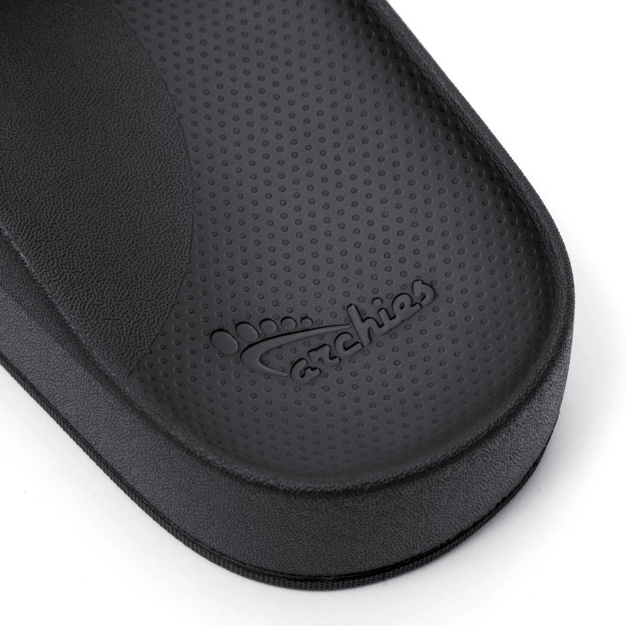Black unisex waterproof Archies arch support slides, cushioned insole, matte finish, slip-on sandal for comfortable wear.