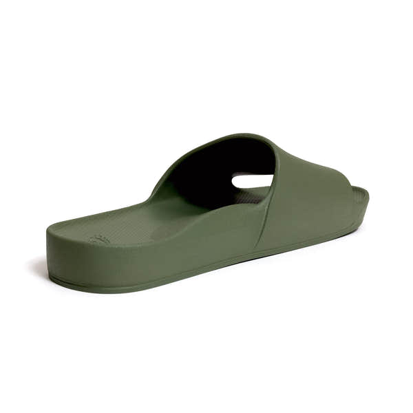 Unisex olive green waterproof Archies arch support slide sandal with cushioned footbed and open back.