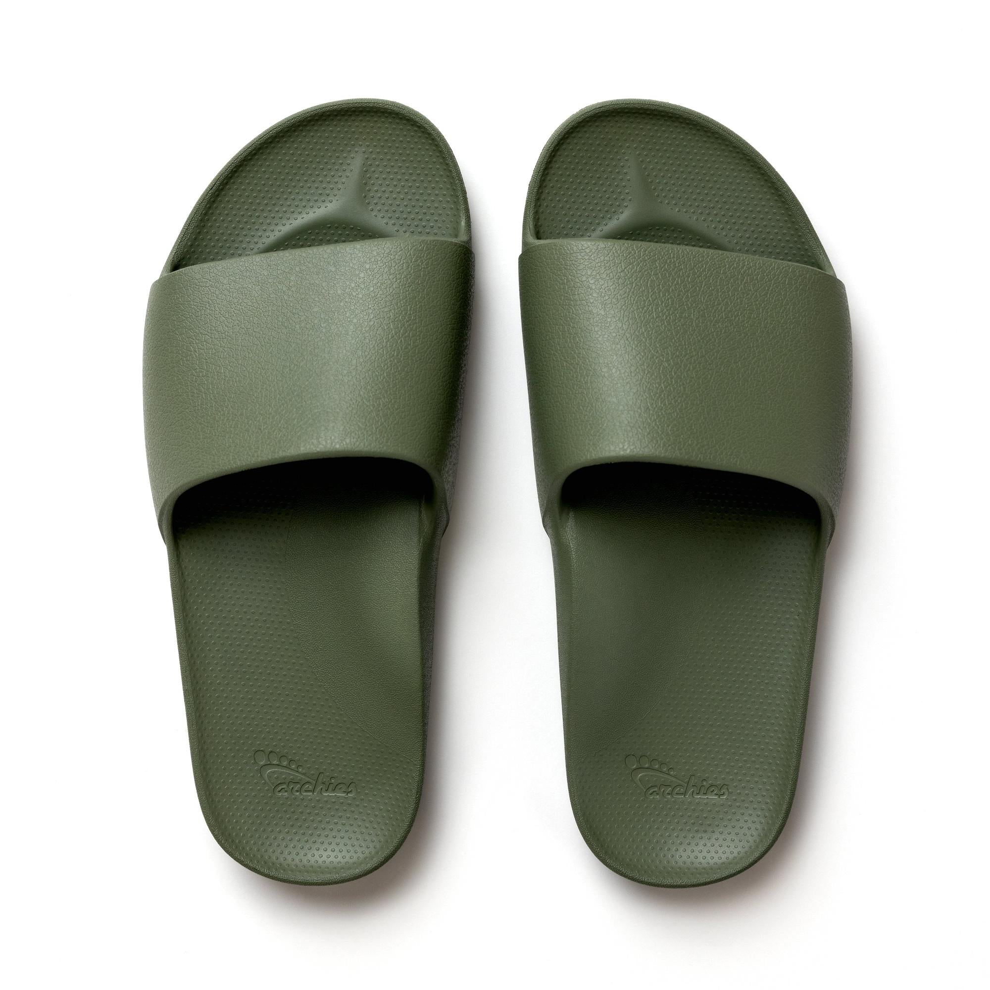 Unisex olive waterproof Archies arch support slide sandals with textured footbed and wide strap, suitable for casual wear.