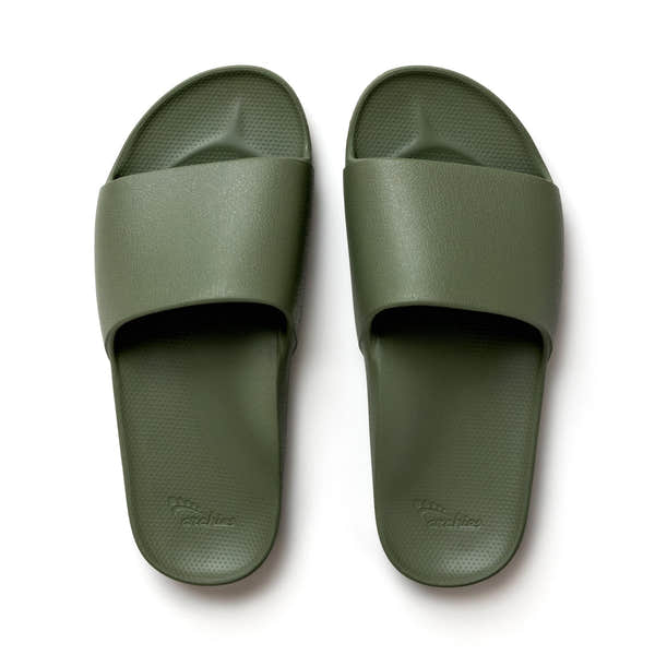 Unisex olive waterproof Archies arch support slide sandals with textured footbed and wide strap, suitable for casual wear.