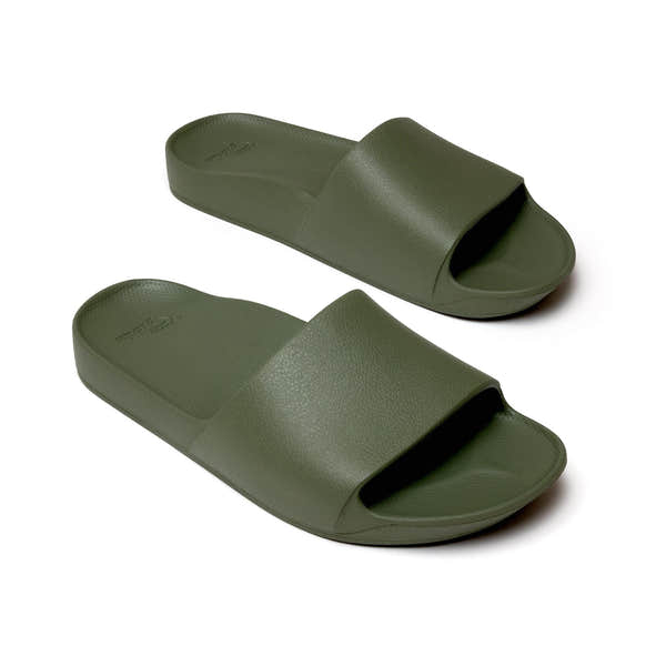 Unisex olive waterproof Archies arch support slide sandals with textured footbed and wide strap.