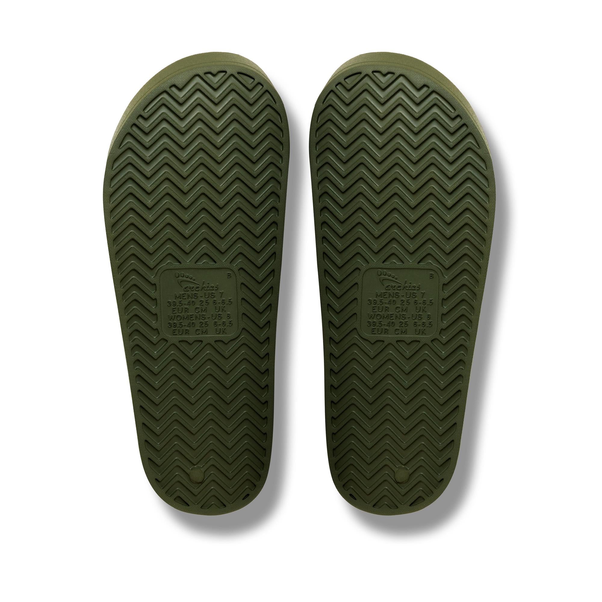 Olive waterproof Archies unisex slide sandals with arch support and textured sole for comfort and durability.