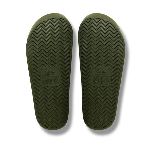 Olive waterproof Archies unisex slide sandals with arch support and textured sole for comfort and durability.
