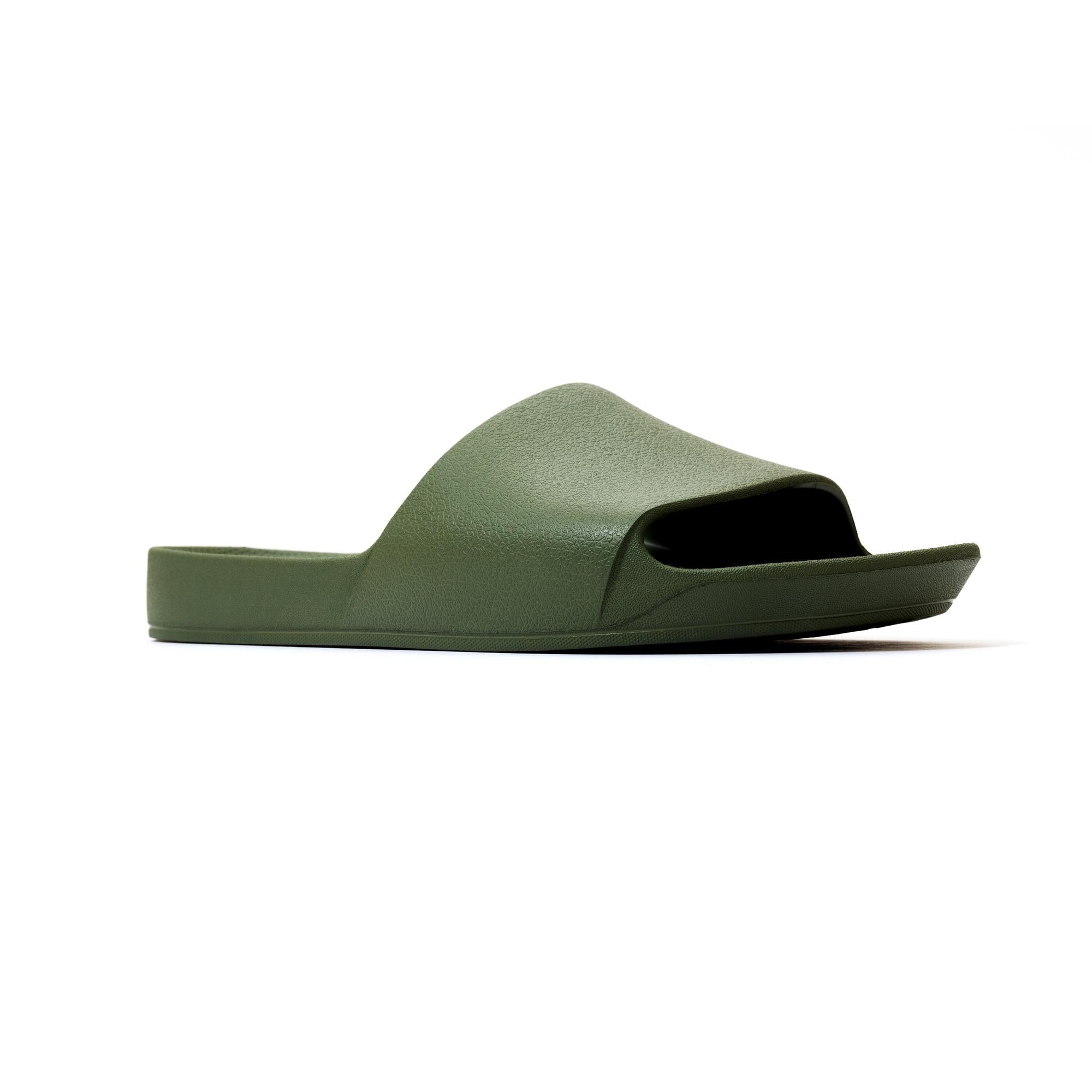 Unisex olive waterproof arch support slide sandal with open toe and textured strap, designed for comfort and casual wear.