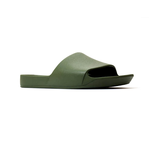 Unisex olive waterproof arch support slide sandal with open toe and textured strap, designed for comfort and casual wear.