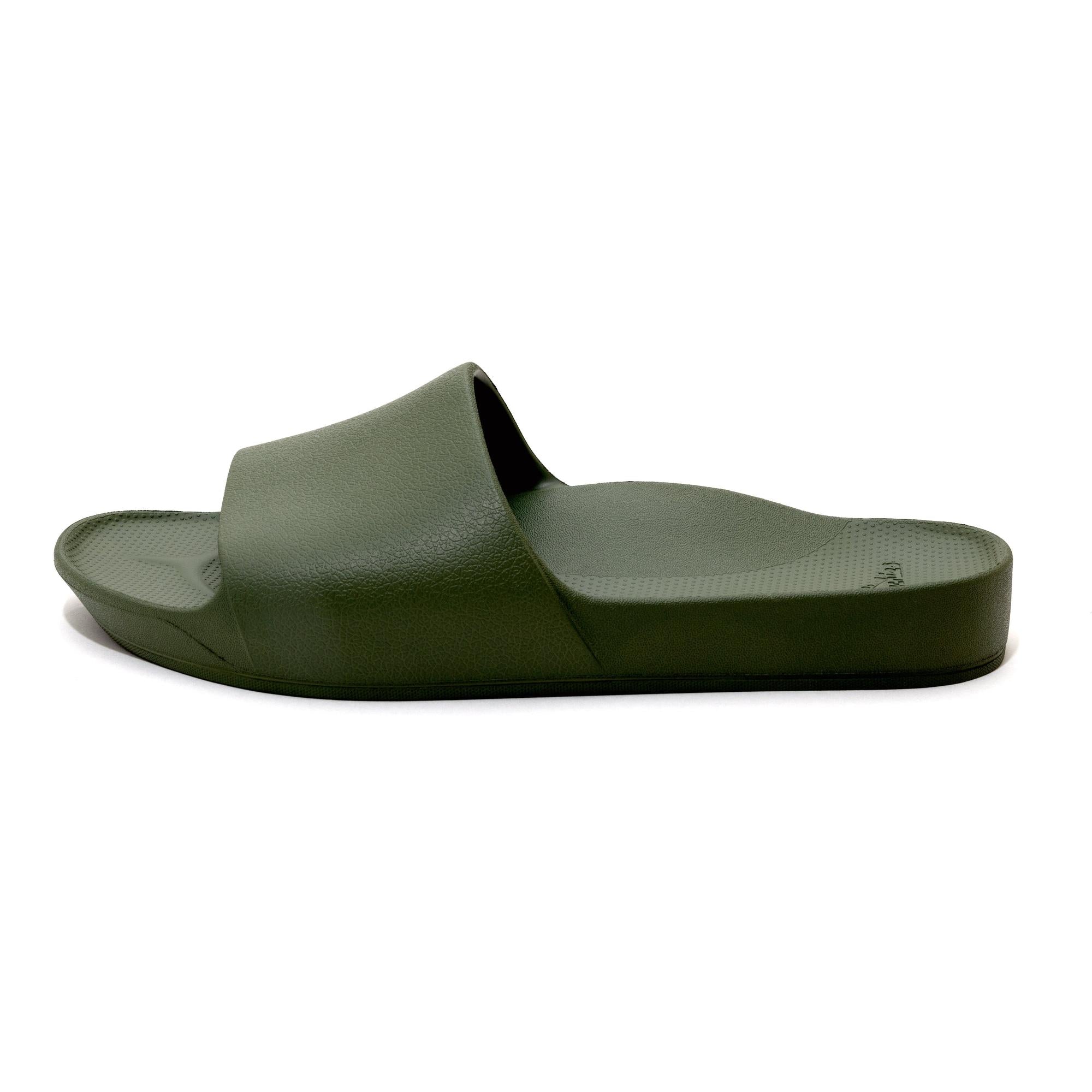 Olive green waterproof unisex slide sandal with arch support and textured footbed, casual summer footwear.