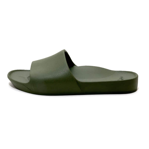 Olive green waterproof unisex slide sandal with arch support and textured footbed, casual summer footwear.