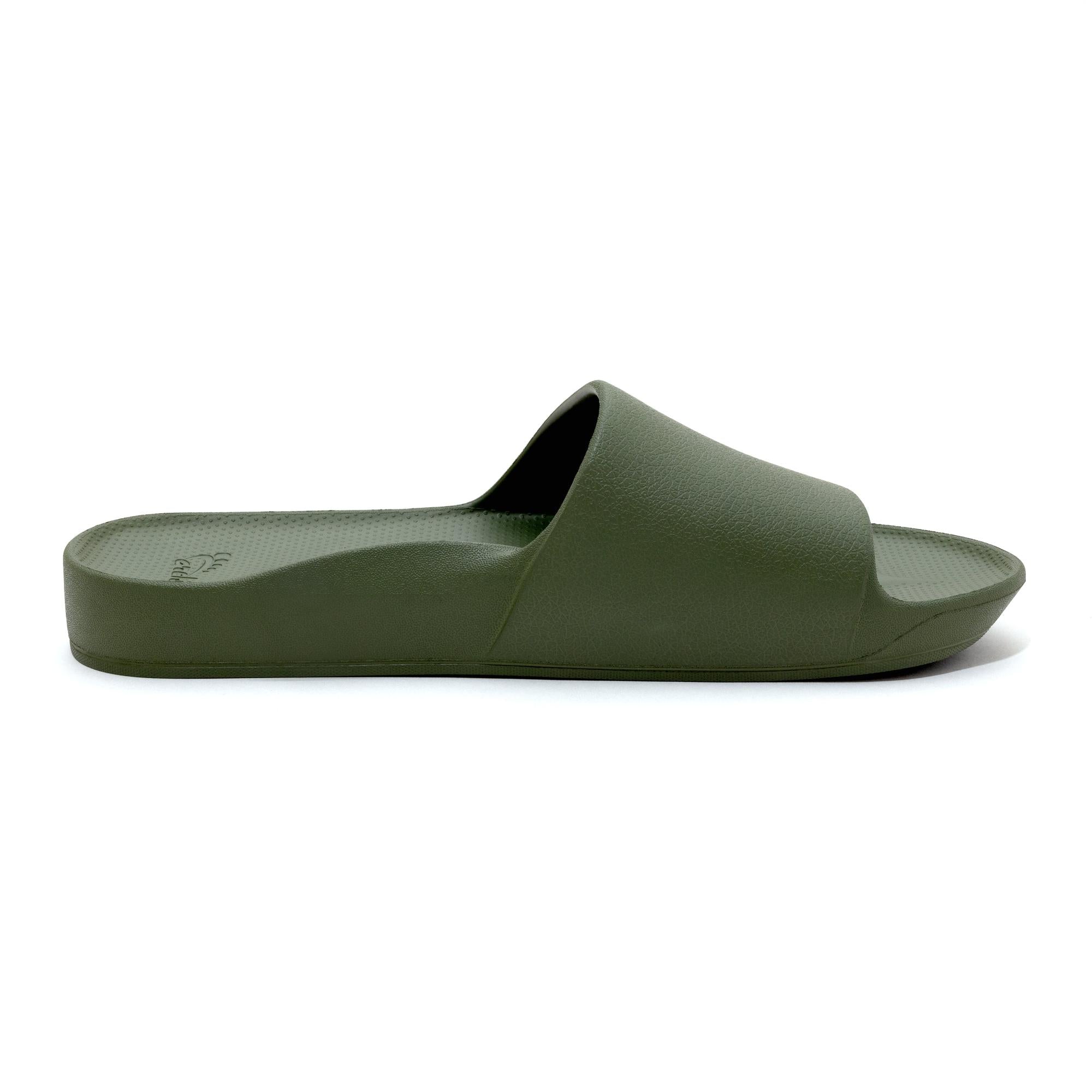 Unisex olive waterproof Archies arch support slide sandal with textured footbed and wide strap.