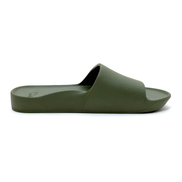 Unisex olive waterproof Archies arch support slide sandal with textured footbed and wide strap.