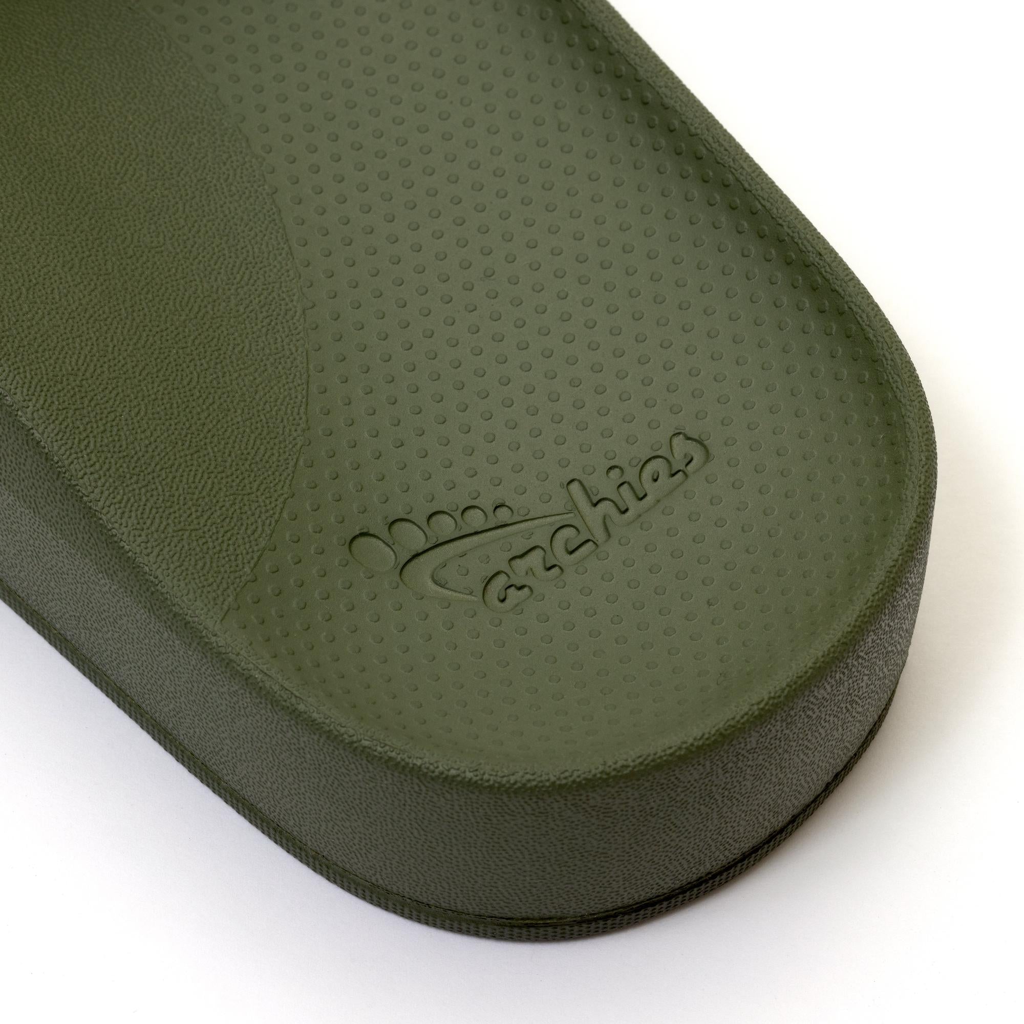 Archies unisex olive waterproof slide sandal with arch support and textured footbed.