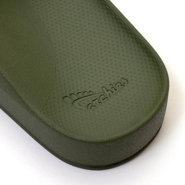 Archies unisex olive waterproof slide sandal with arch support and textured footbed.