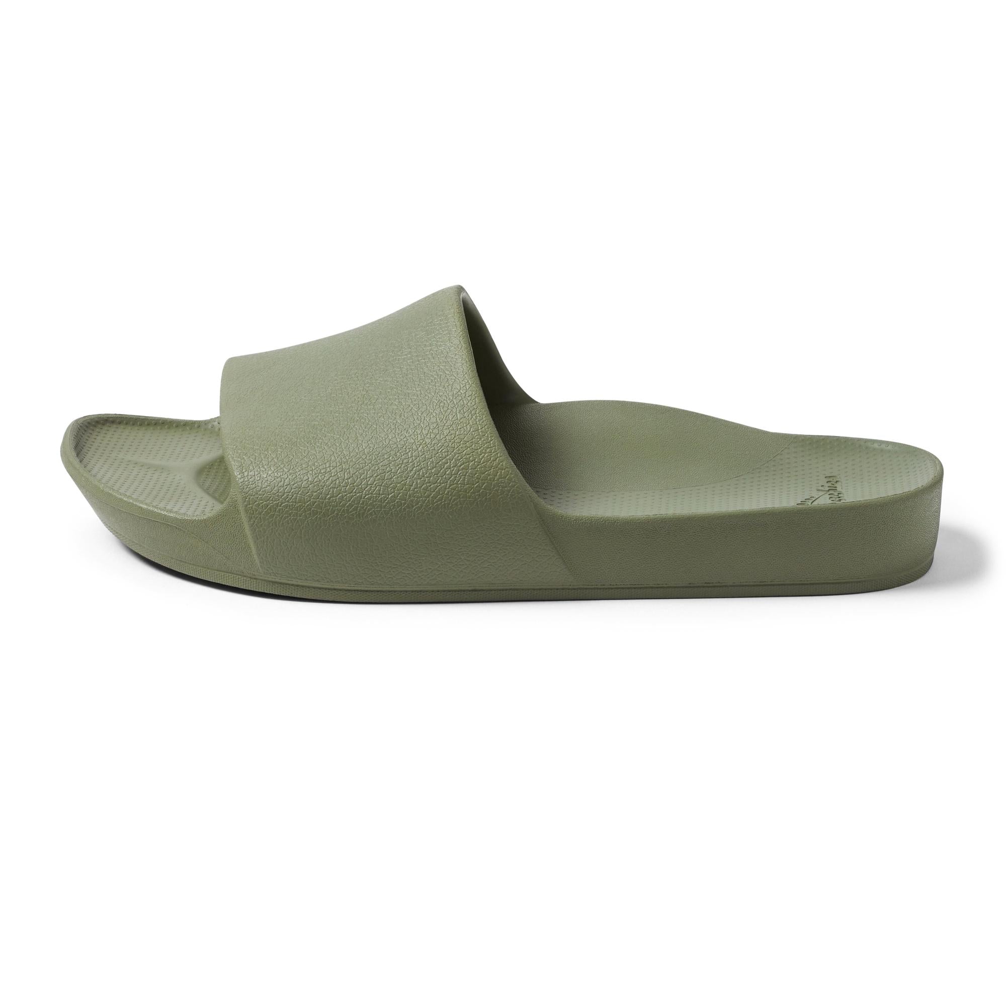 Unisex olive waterproof slide sandal with arch support, textured footbed, and open toe design.