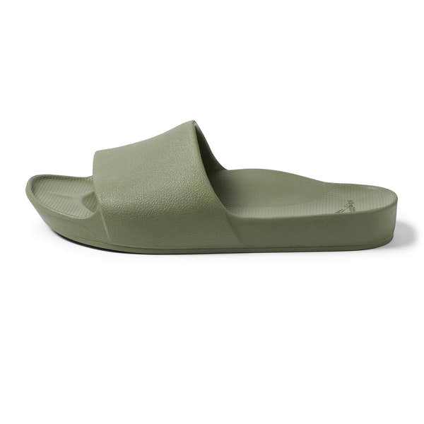 Unisex olive waterproof slide sandal with arch support, textured footbed, and open toe design.