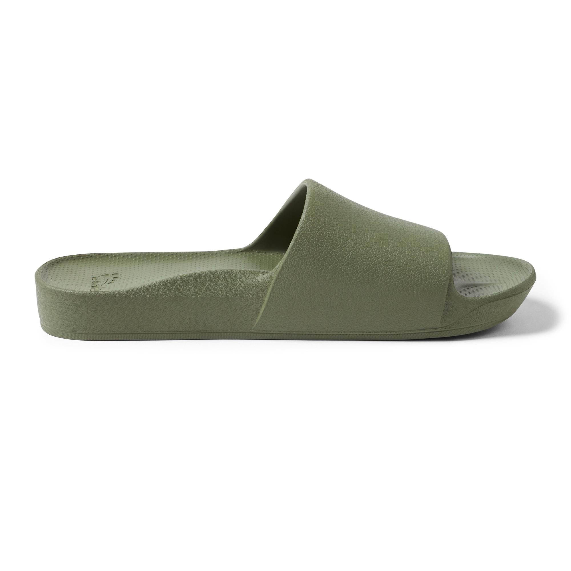 Unisex olive waterproof arch support slide sandal with textured footbed and wide strap, ideal for comfortable casual wear.