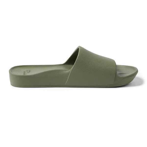 Unisex olive waterproof arch support slide sandal with textured footbed and wide strap, ideal for comfortable casual wear.