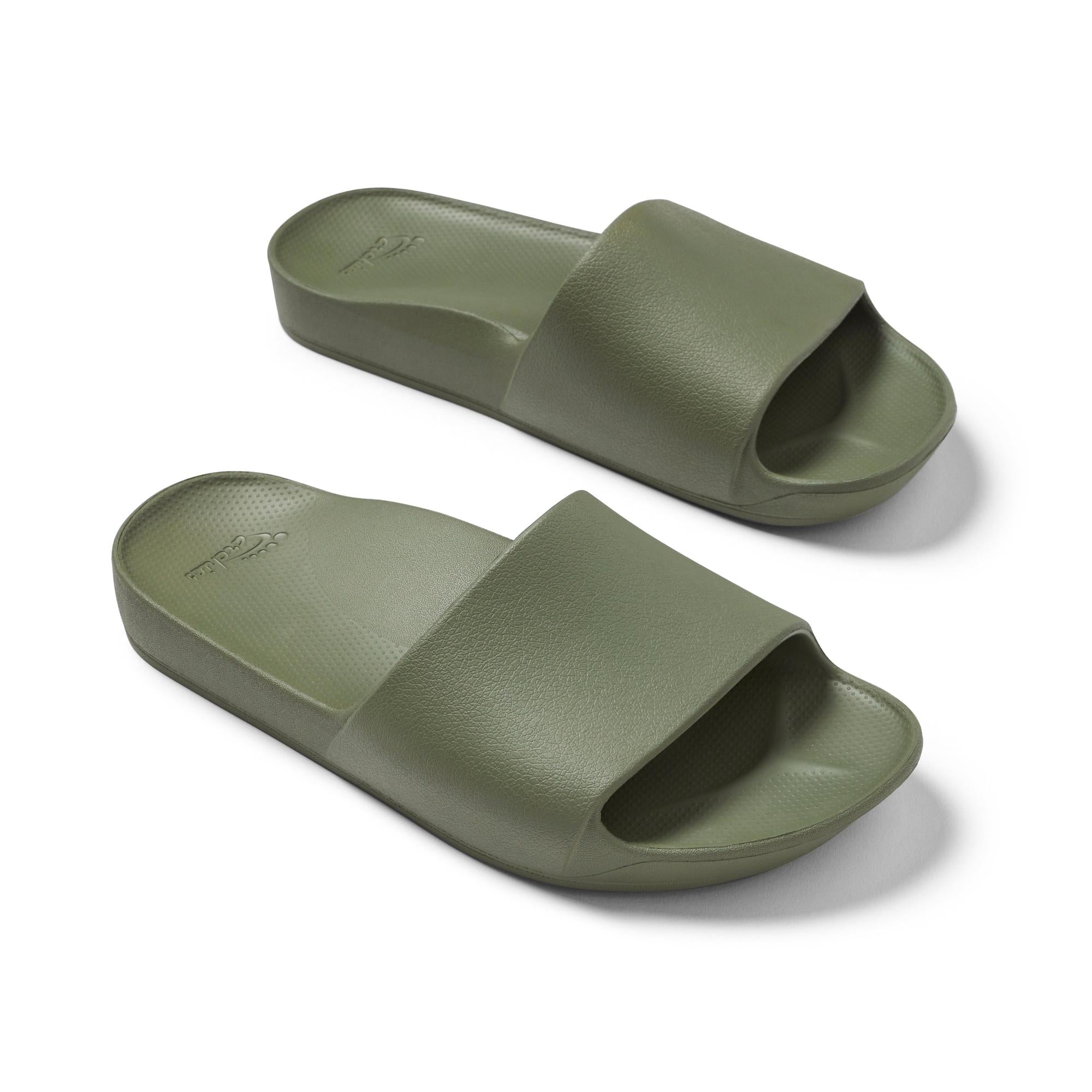 Unisex olive waterproof Archies arch support slide sandals with wide strap and textured footbed.