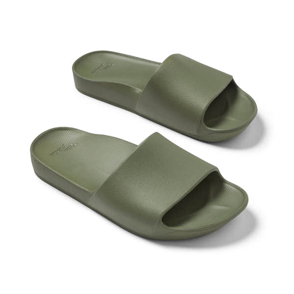 Unisex olive waterproof Archies arch support slide sandals with wide strap and textured footbed.