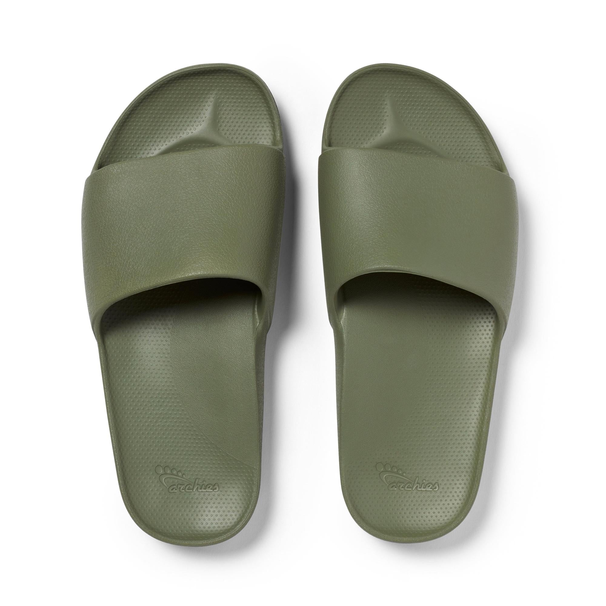 Unisex olive waterproof arch support slides with cushioned footbed and textured sole for comfort and durability.