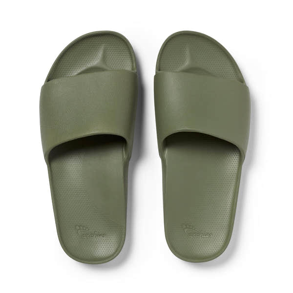 Unisex olive waterproof arch support slides with cushioned footbed and textured sole for comfort and durability.
