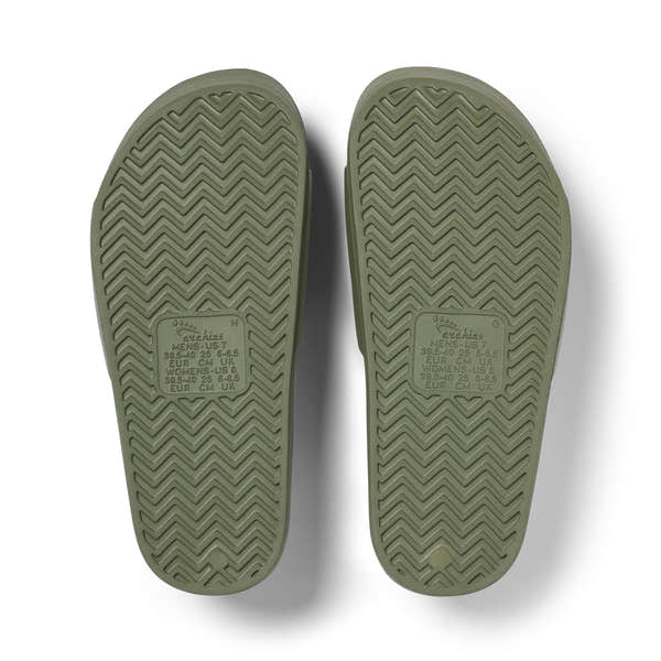 Unisex olive waterproof Archies arch support slide sandals with textured soles and cushioned footbed.