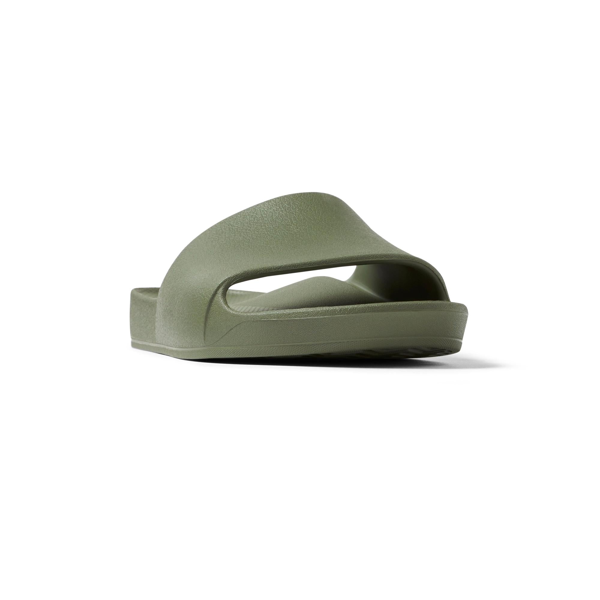 Olive green waterproof unisex Archies arch support slide sandal with ergonomic design and textured surface.