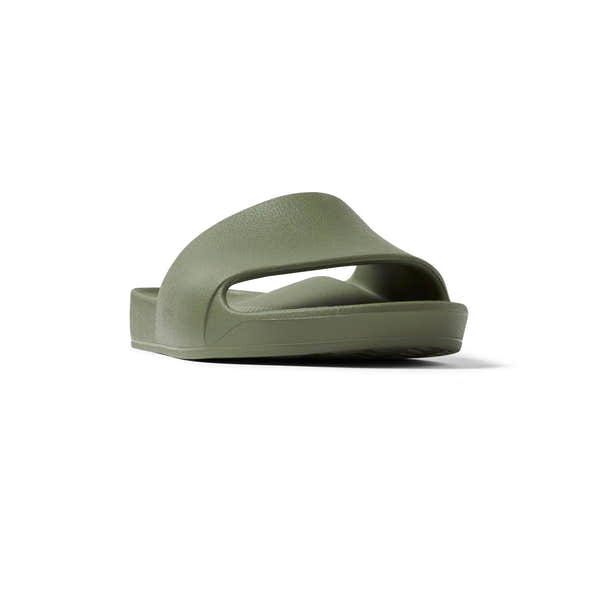 Olive green waterproof unisex Archies arch support slide sandal with ergonomic design and textured surface.