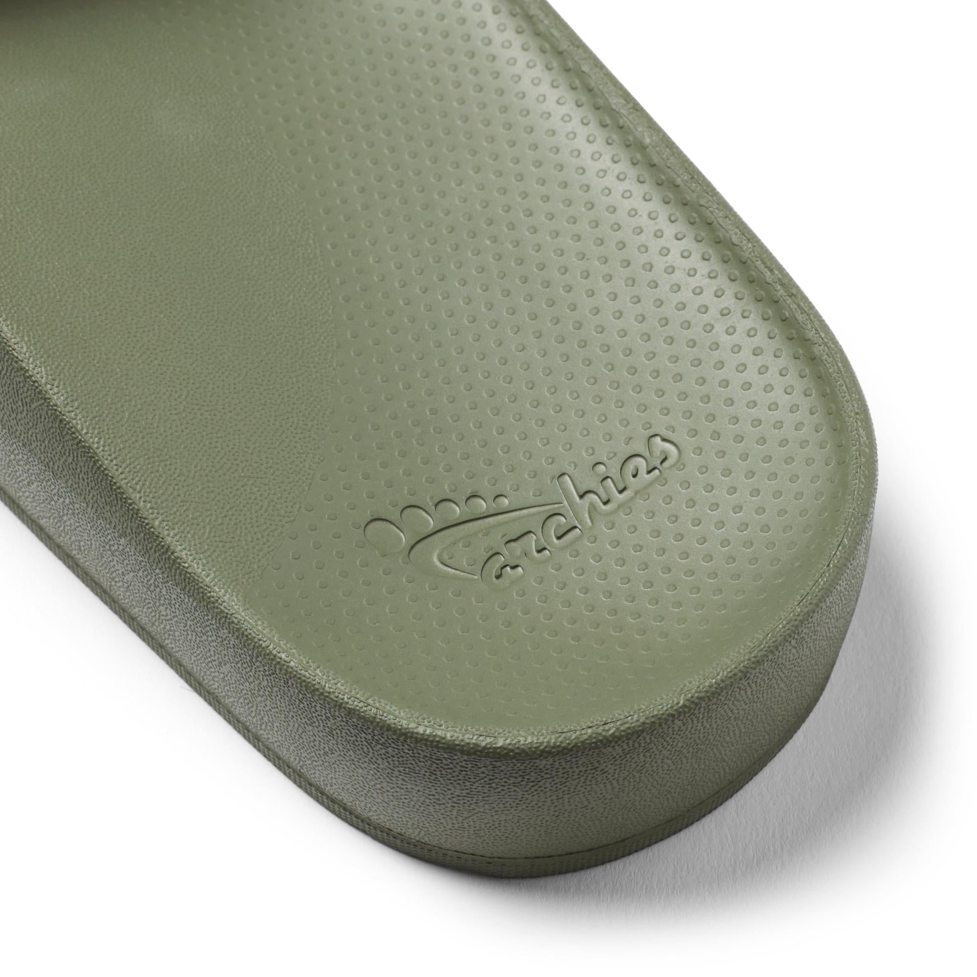 Waterproof olive-colored Archies unisex arch support slide sandal with textured sole and logo detail.