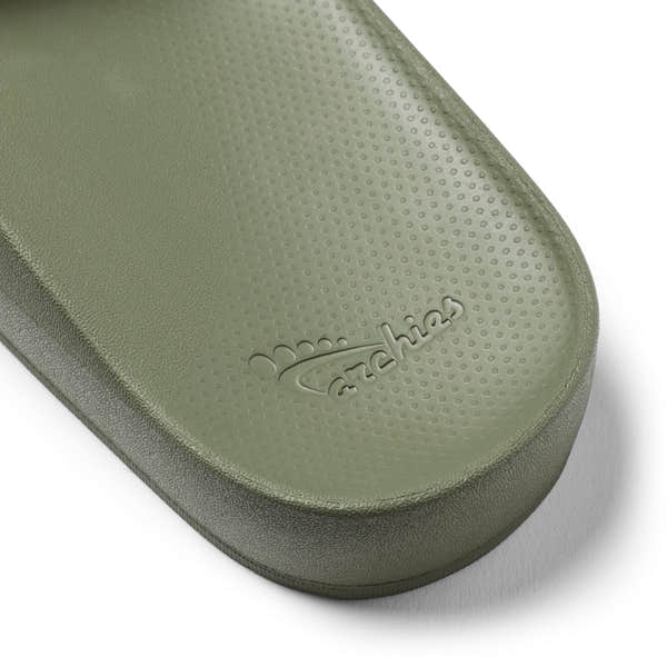 Waterproof olive-colored Archies unisex arch support slide sandal with textured sole and logo detail.