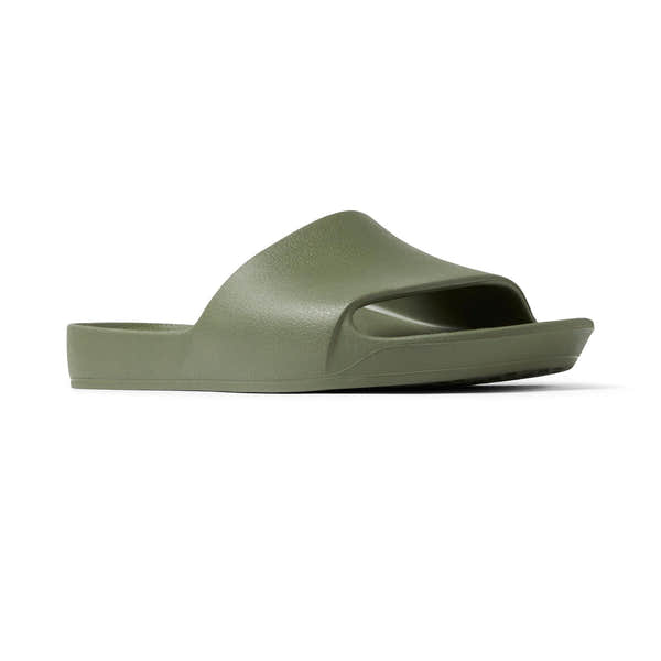Unisex olive waterproof arch support slide sandals featuring a wide strap and cushioned sole.