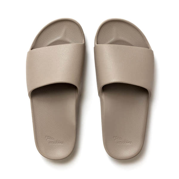 Unisex Taupe waterproof Archies arch support slide sandals with cushioned footbed and wide strap, ideal for comfort and moisture resistance.