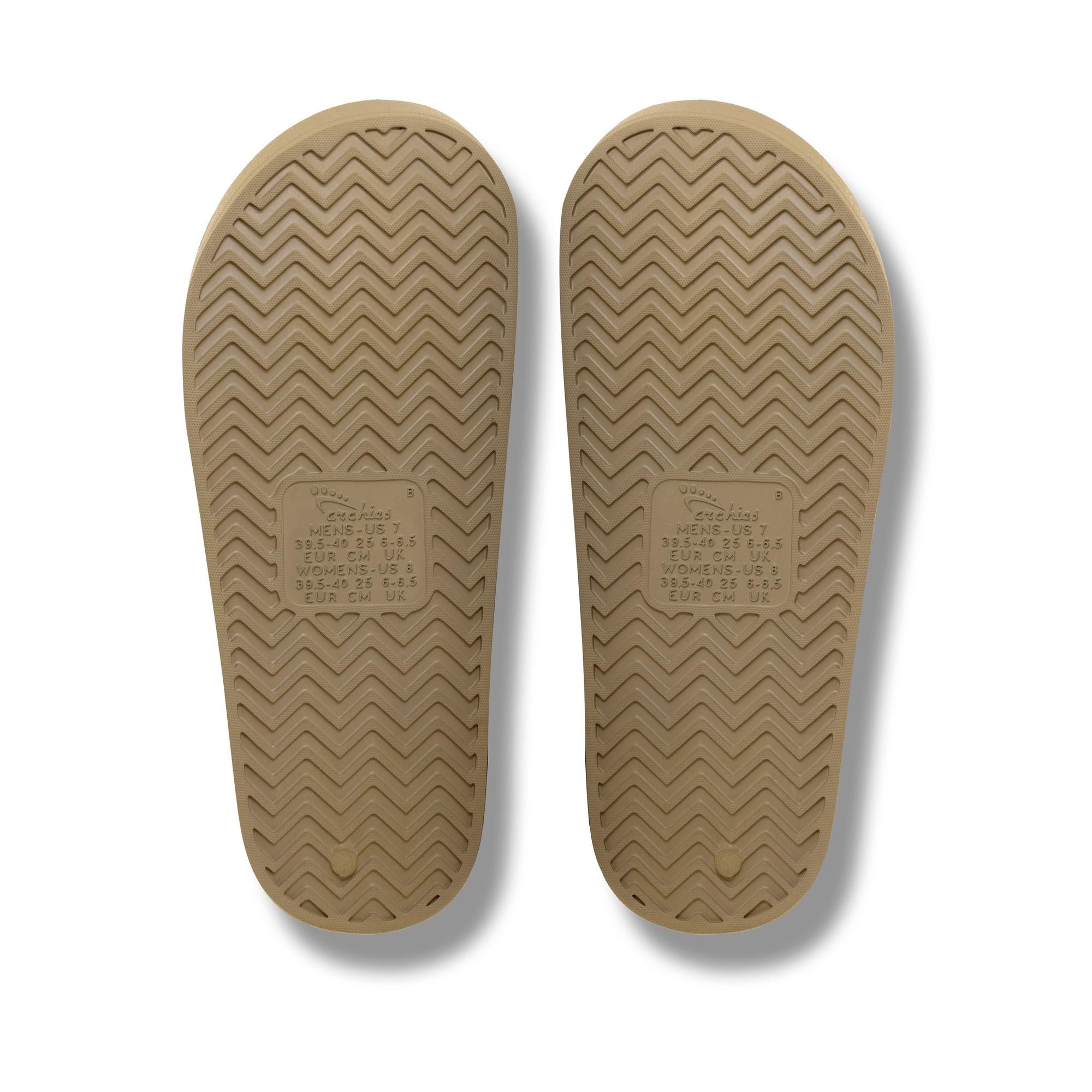 Archies Taupe waterproof unisex arch support slide sandals with textured sole and cushioned footbed.