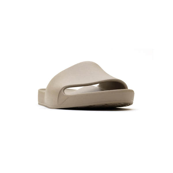 Unisex taupe waterproof arch support slide sandal with cushioned footbed and open toe design.
