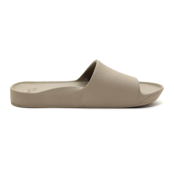 Unisex taupe waterproof Archies arch support slide sandal with cushioned footbed and open toe design.