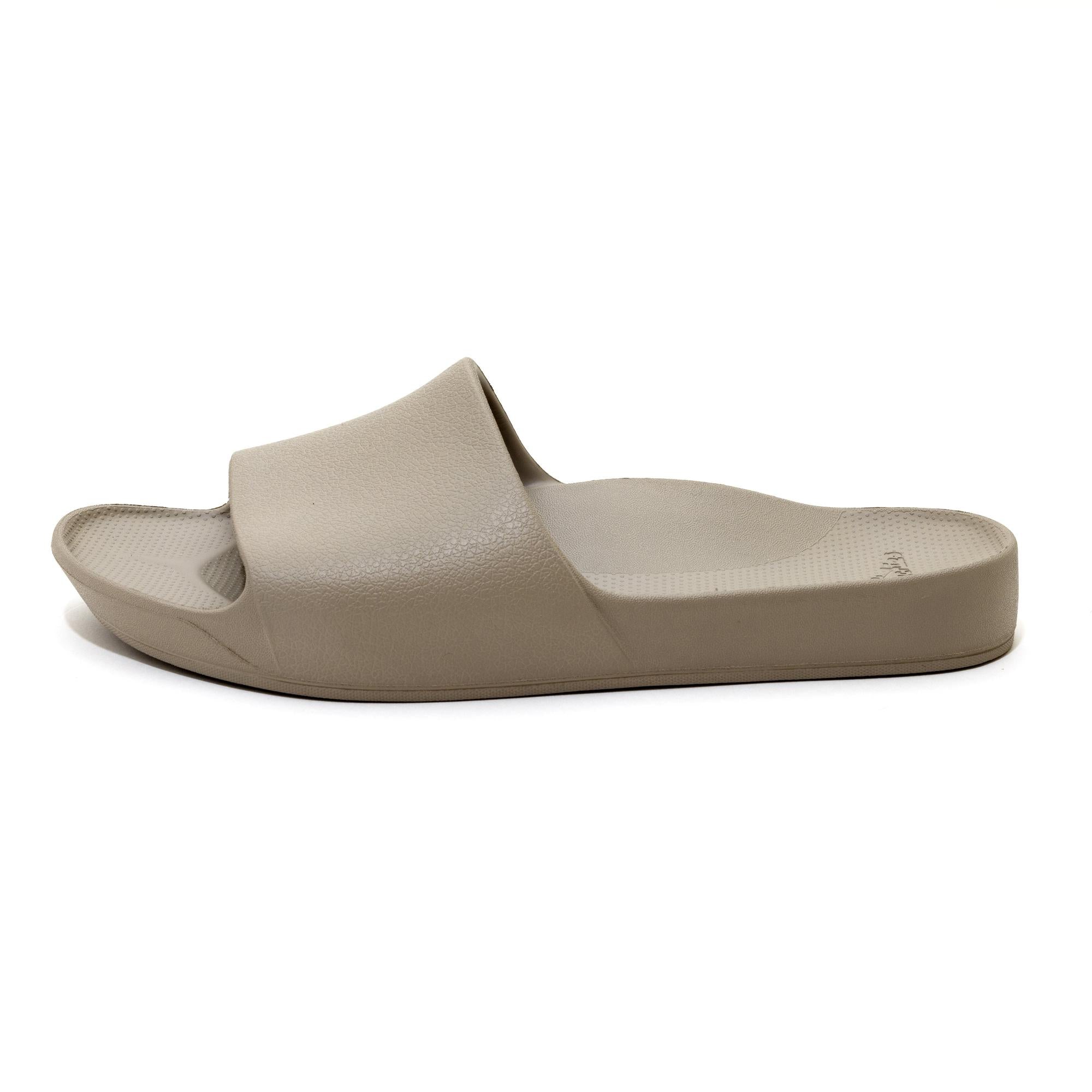 Archies unisex taupe waterproof arch support slide sandal with cushioned footbed and textured sole.
