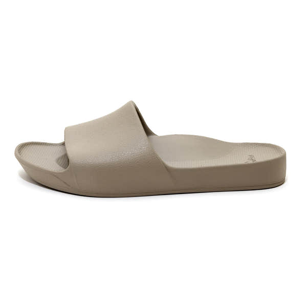 Archies unisex taupe waterproof arch support slide sandal with cushioned footbed and textured sole.