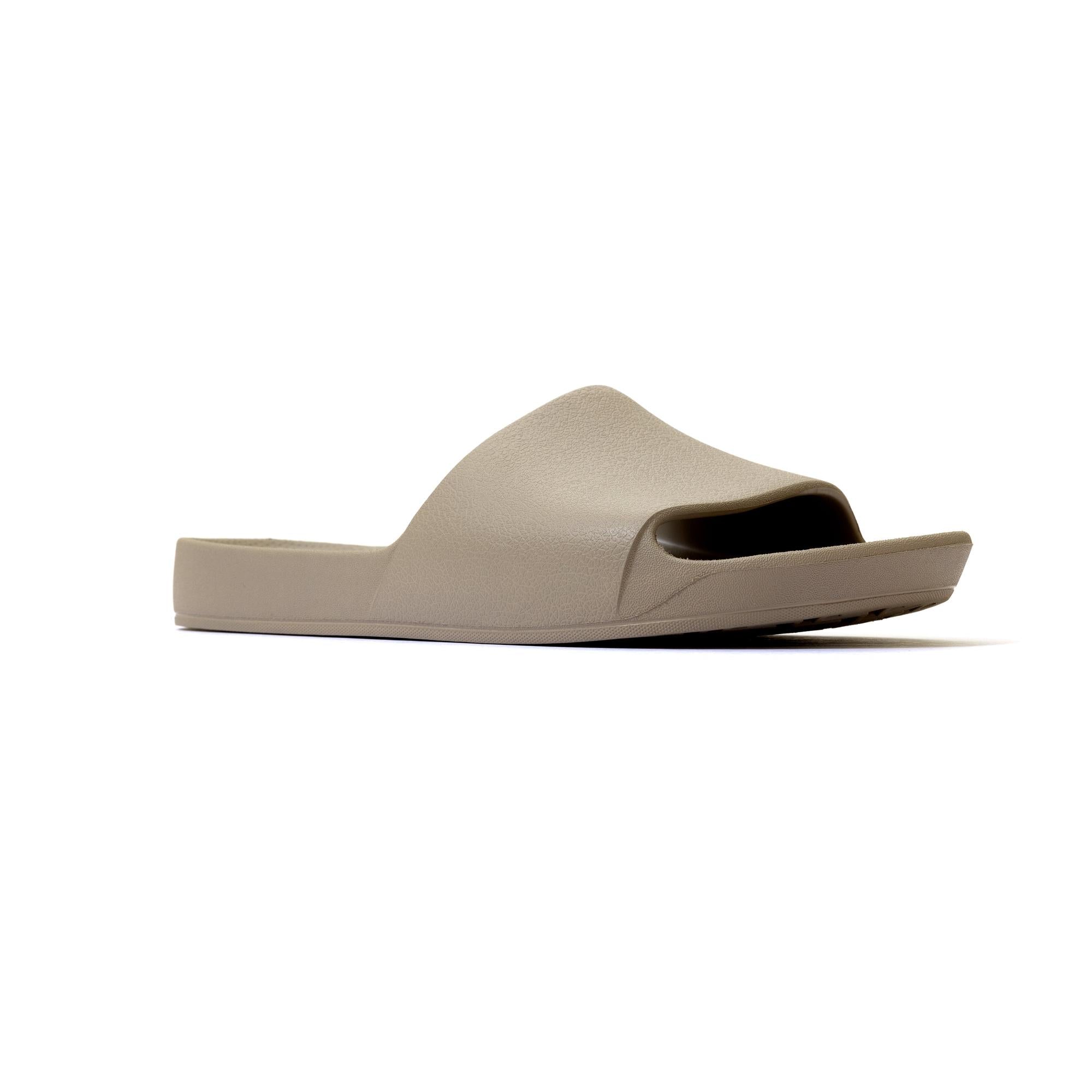 Unisex Taupe waterproof Archies Arch Support slides with a wide strap and cushioned footbed for comfort.