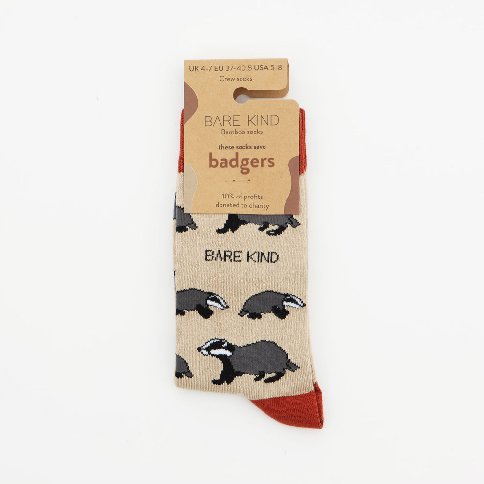 Barekind Bamboo Socks featuring badger illustrations, eco-friendly bamboo material, in cream, black, and red, supporting charity.